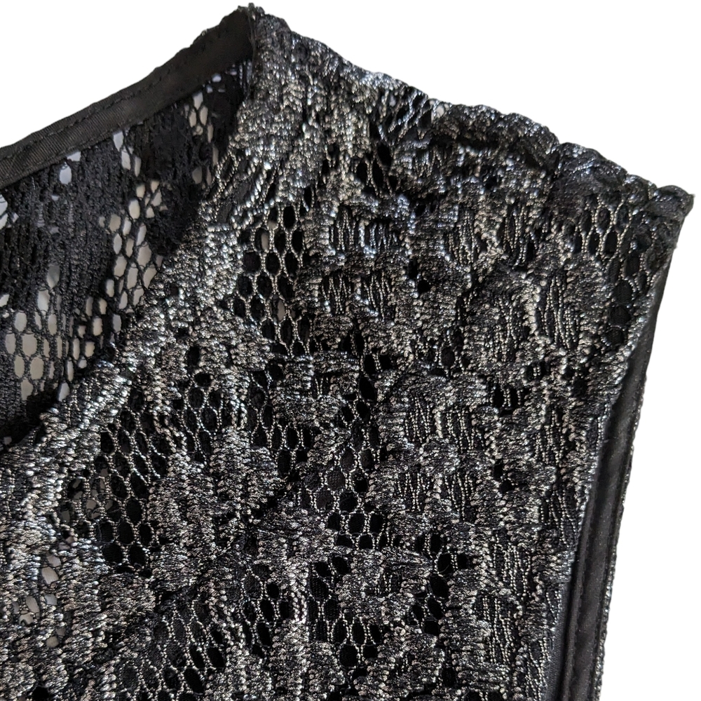 Parker Gunmetal Gray Metallic Lace Illusion Sheath Dress Size Large - Picture 5 of 11